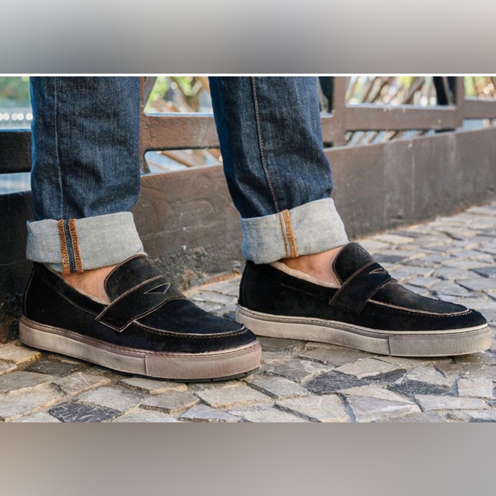 Ross & Matteo Genuine Shearling Loafer Sneaker sz 12 Leather Calf Hair‎ Outdoors